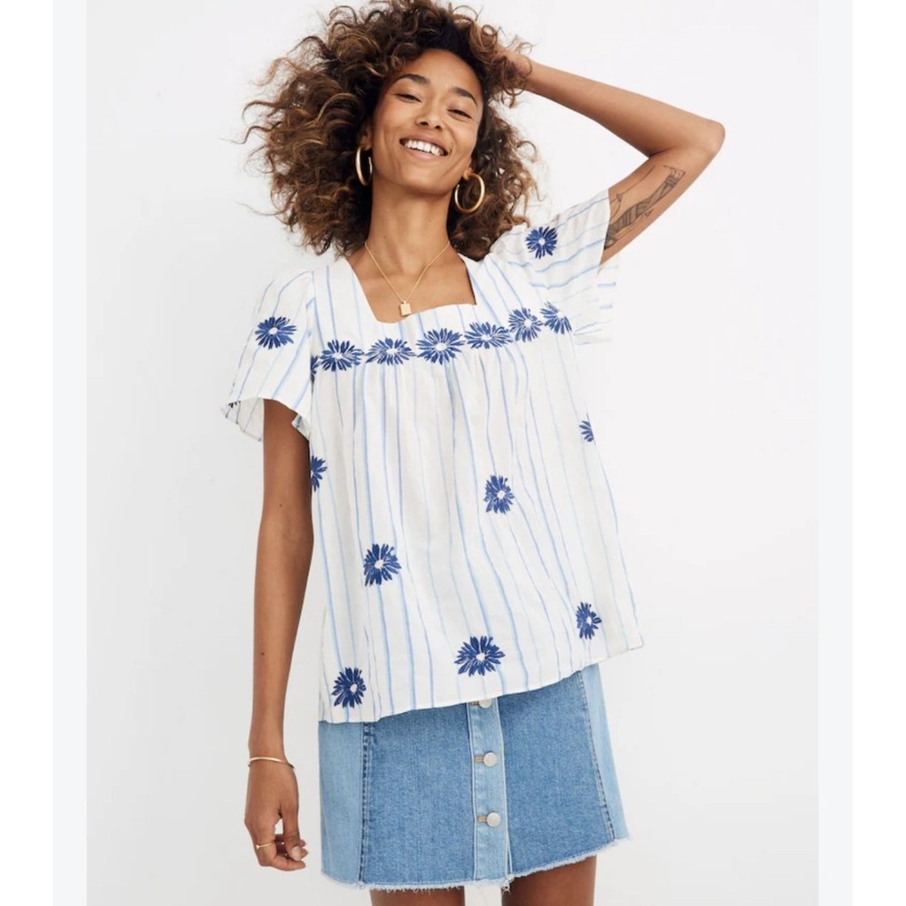 Madewell Floral Embroidered Butterfly Top 100% Cotton in Stripe Blue White Sz L